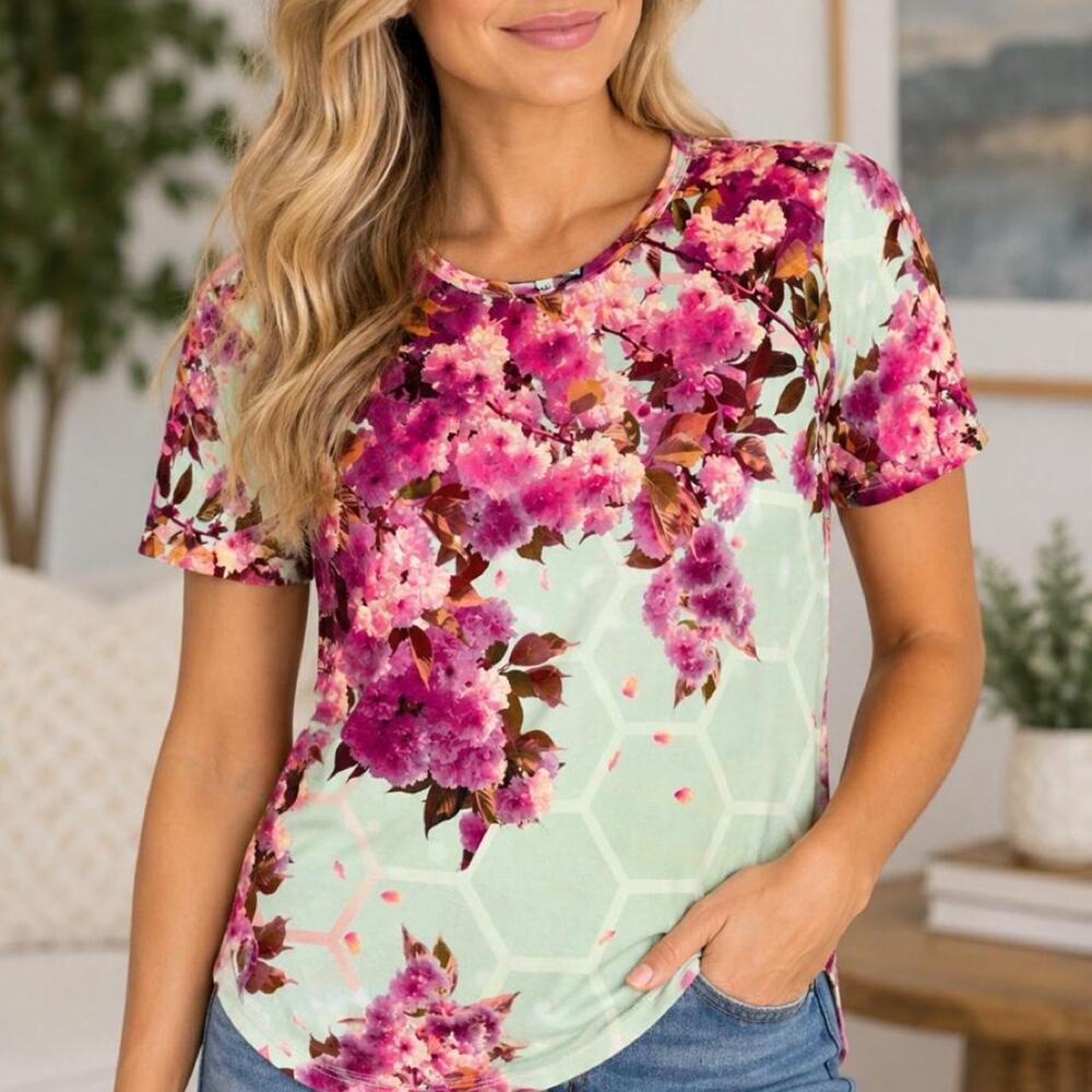 Johnny Was XL EUC pink floral print blouse size XL